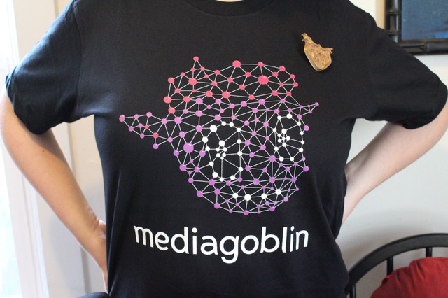 Image for MediaGoblin shirt close-up (and badge!)